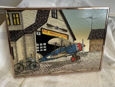 Vintage H. Hargrove Art on Canvas  Air Navigation Center  Bronze Framed 12x16