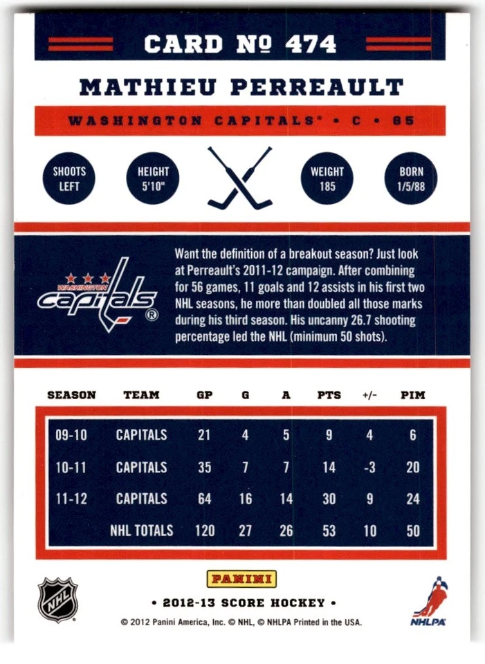 Mathieu Perreault 2012-13 Score Gold Rush #474 Washington Capitals - Image 2 of 2
