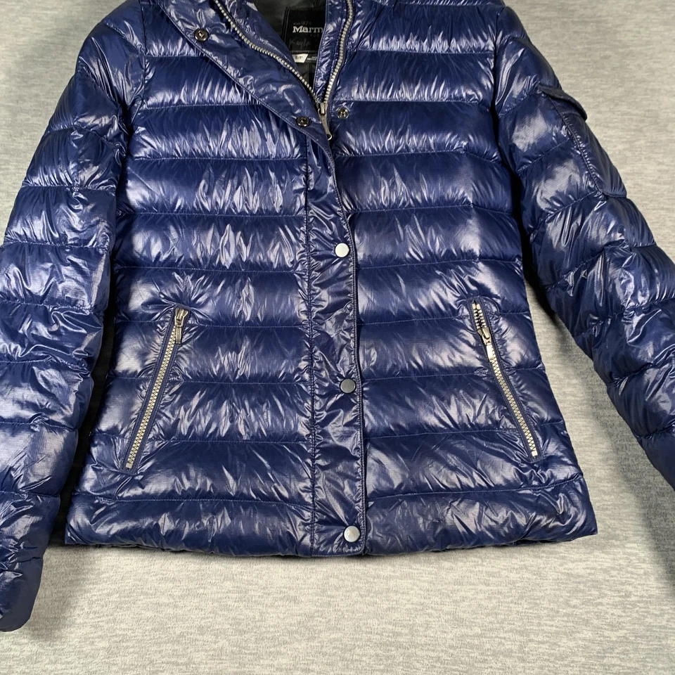 Marmot Jacket Womens Small Blue Hooded Down Puffer Faux Fur Trim Quilted Nylon - Image 3 of 4