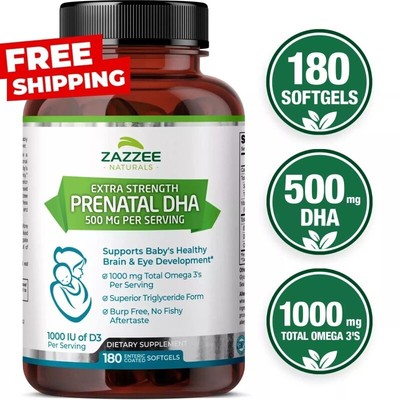 Zazzee prenatal dha extra strength 500 mg/svg 180 coated soft gels  exp 12/25+