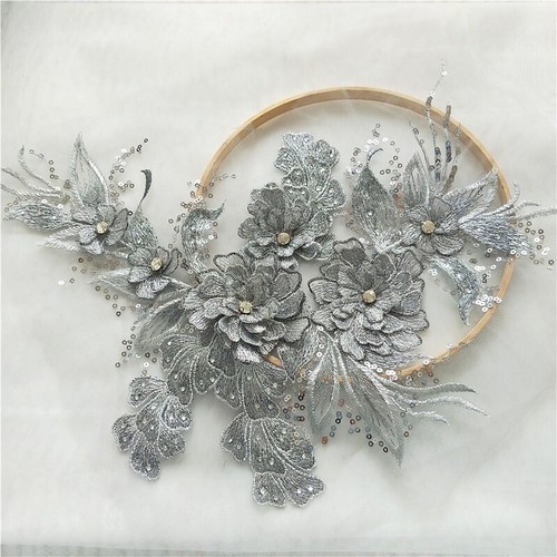 Embroidery Lace Applique 3D Sequin Patch DIY Wedding Dress Sewing Trimming Craft - Picture 7 of 22