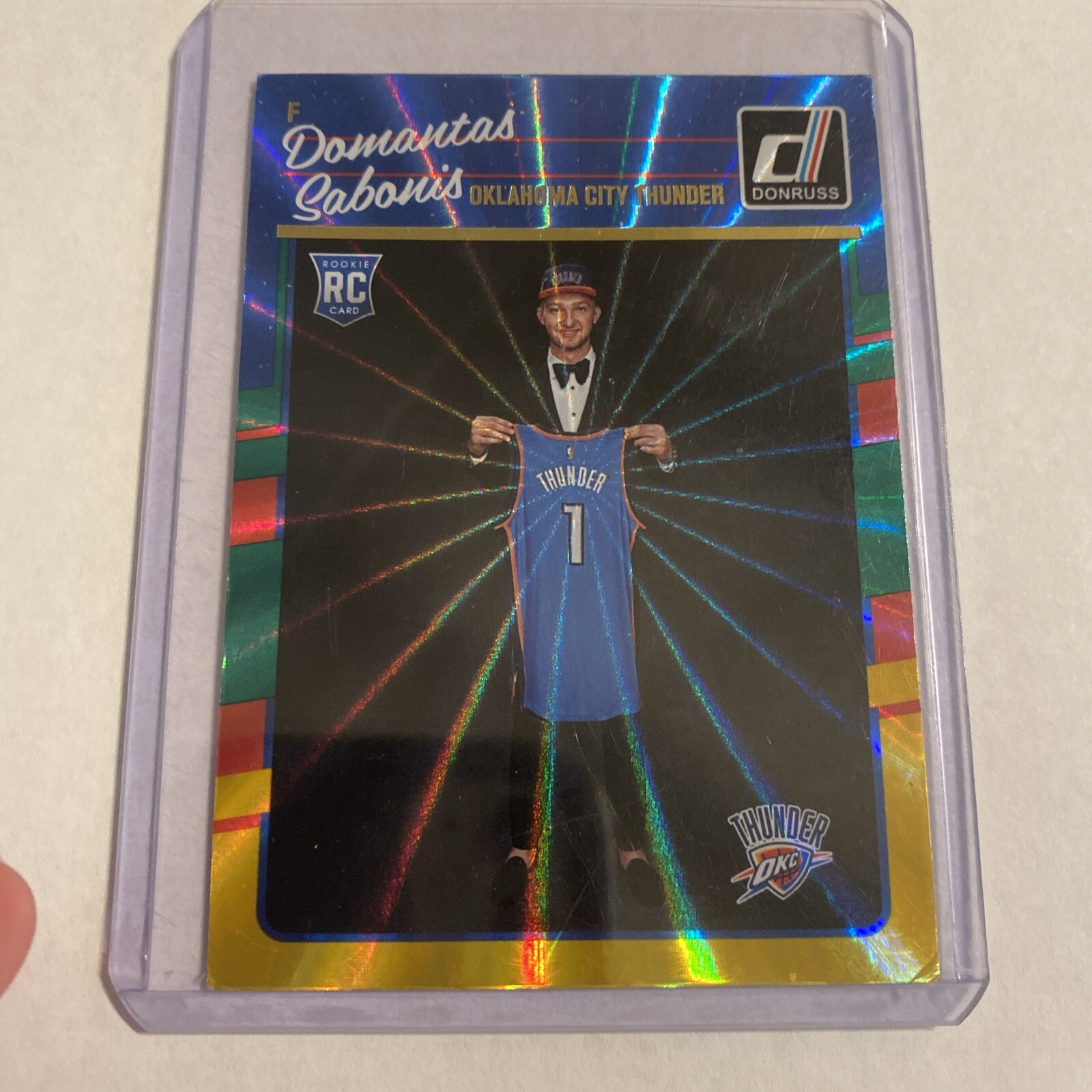 2016 Donruss Green and Yellow Holo Laser Domantas Sabonis Rookie Basketball Card