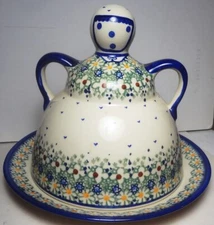 VHTF BOLESLAWIEC folk art POLISH POTTERY lady CHEESE KEEPER- UNIKAT by PAWLOWSKI