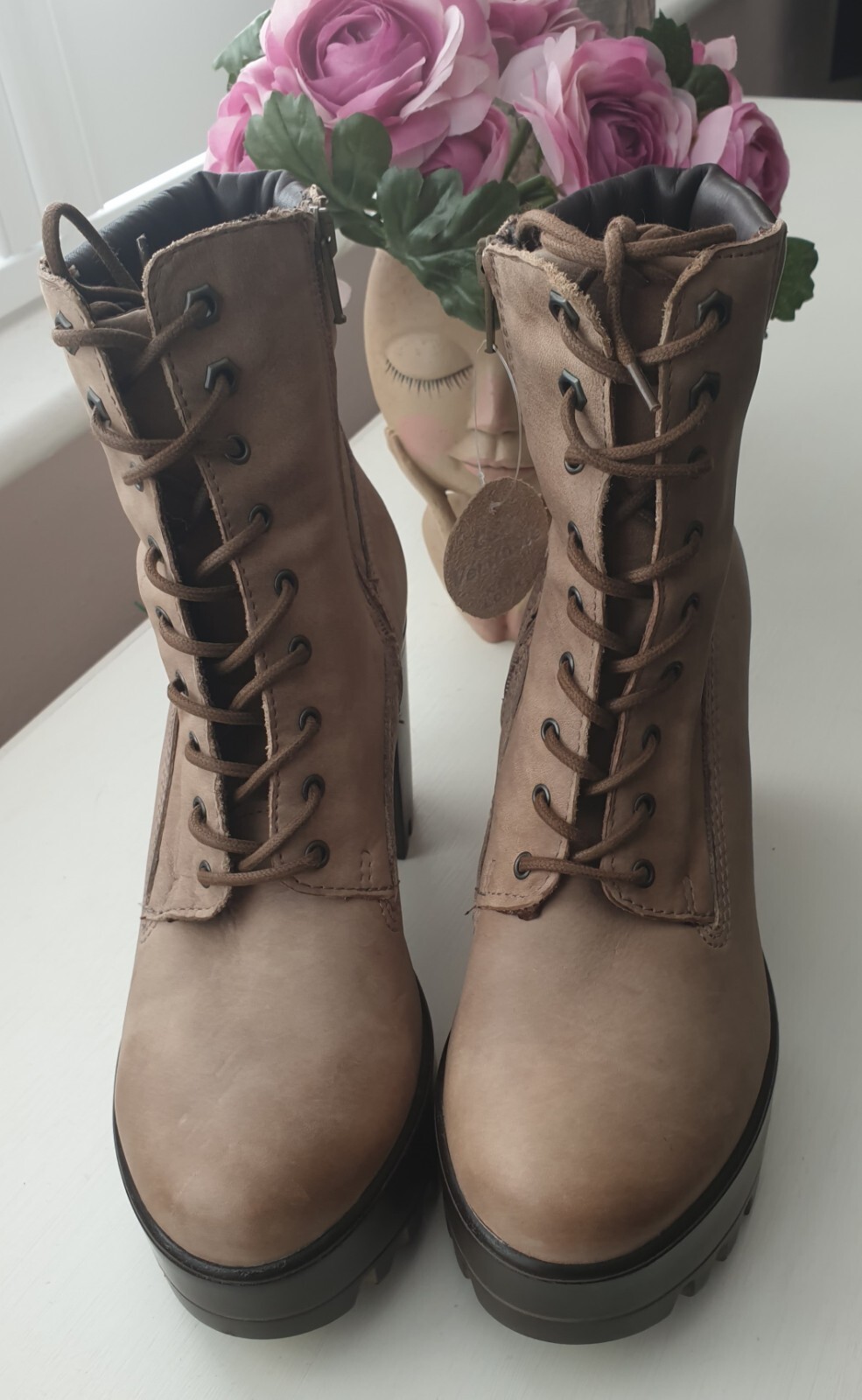 SAOLA Stivaletti New Look in pelle marrone beige stringati plateau suola scollata 5