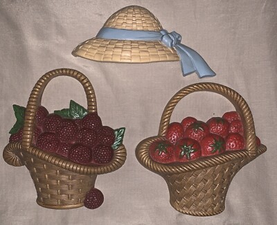 Vtg Lot Burwood Berry Basket Wall Hanging Strawberries Raspberries & Staw Hat