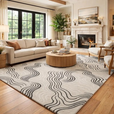 Modern hand tufted rug designed for large living rooms. Luxury abstract grey and