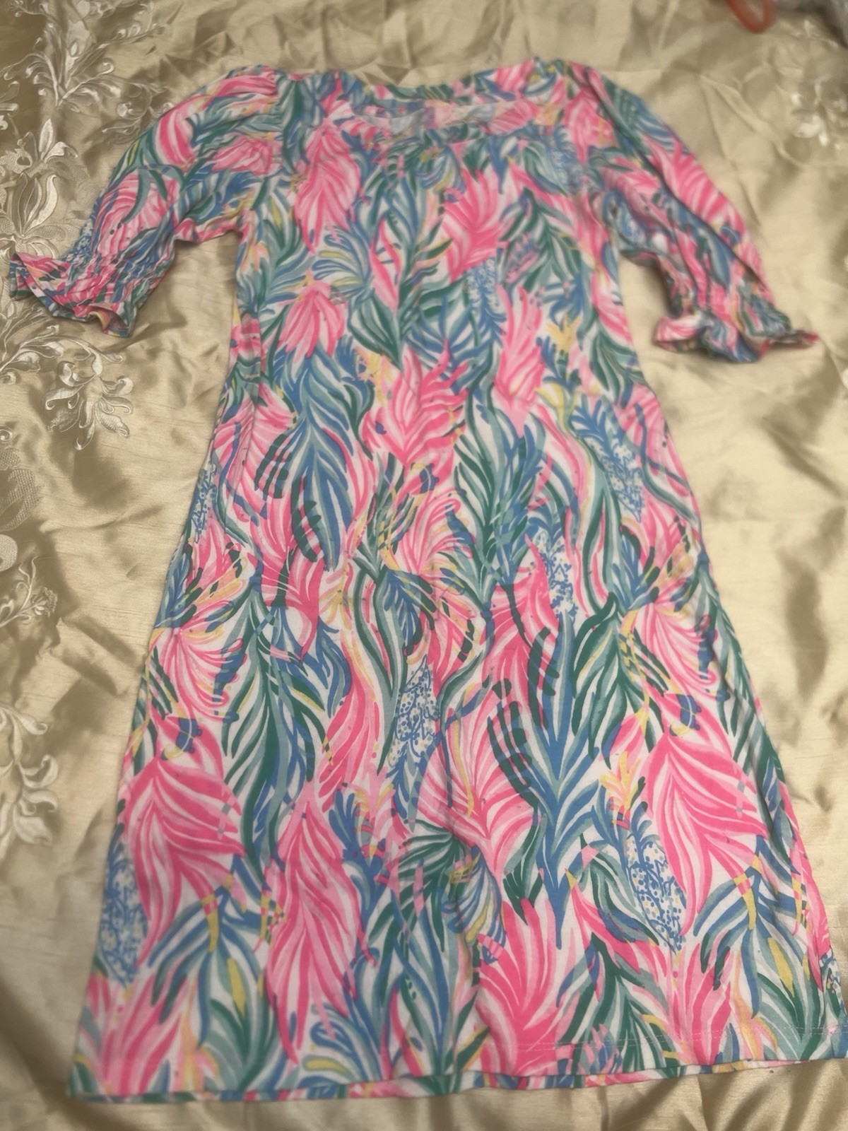 Lilly Pulitzer Pink Blue Green Floral Fit & Flare Dress Sleeve Knee XS