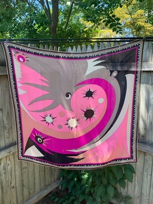 Vtg 1960 s ICONIC  GEOMETRIC Print EMILIO PUCCI HAND ROLLED  SILK CHIFFON SCARF