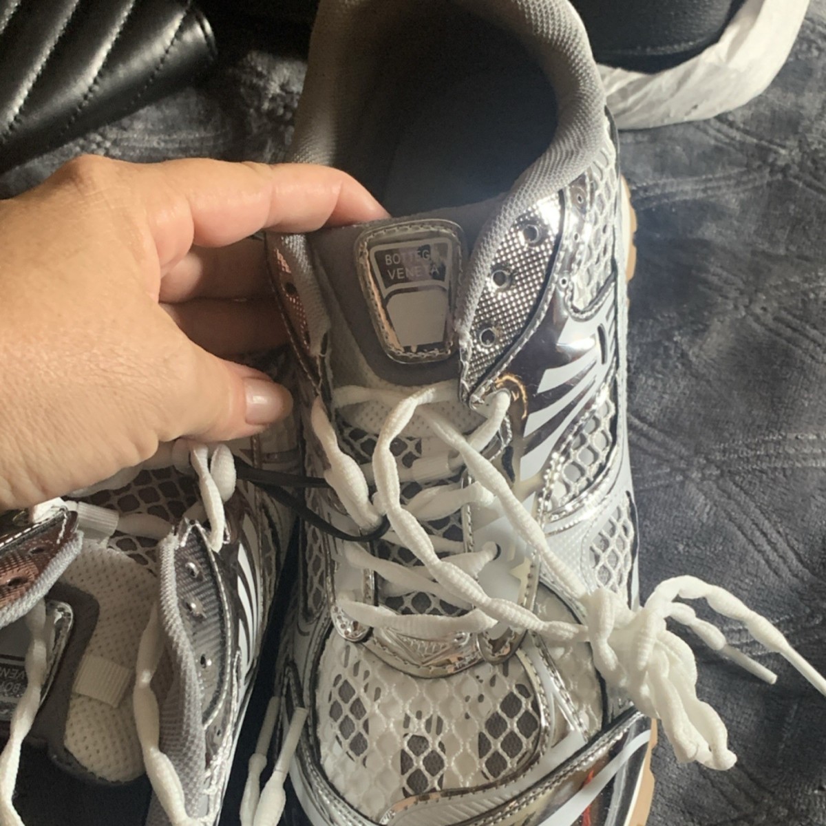 Bottega Veneta Geometric Brown Silver White Lace Up Low Top Athletic Sneakers Bottega Veneta White Silver Mesh Geometric Low Top Lace Up  main image 2