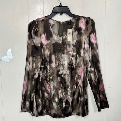 Ann Taylor Silk Blend Size 6 Brown Pink Floral Print Long Sleeve Blouse Top New