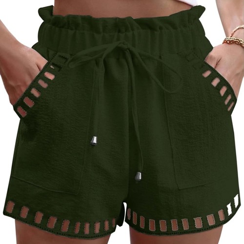 Pantalones Cortos Para Mujer Algodón Lino Color Sólido Delgados Diseño Hueco Borde Bolsillo - Imagen 30 de 30