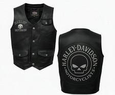 Men's Leather Motorcycle Vest Black Cowhide Biker Club Vest Skull Patch