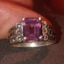 Sterling Silver 925 Ring Emerald Cut Purple Amethyst Prong Setting