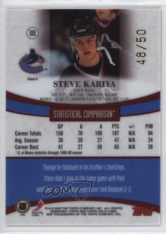 1999-00 Topps Gold Label Class 2 Red /50 Steve Kariya #100 Rookie RC - Image 2 of 2