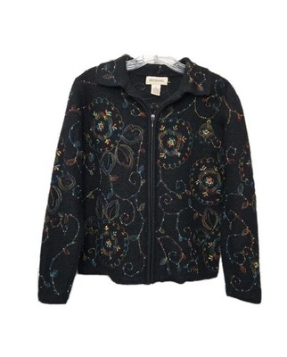 Bechamel Black and Embroidered Multicolor Floral beaded Zip Wool Jacket Small