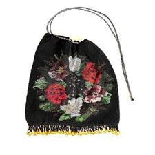 Antique Beaded Victorian Floral Fringe Reticule Drawstring Handbag Purse