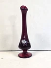 Fenton Ruby Red Swung Bud Vase Hand Painted White Rose.  8.5  inches tall