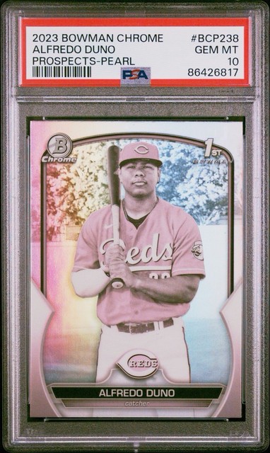 ALFREDO DUNO 2023 BOWMAN CHROME PEARL REFRACTOR 1ST PROSPECT REDS PSA10 POP4🔥
