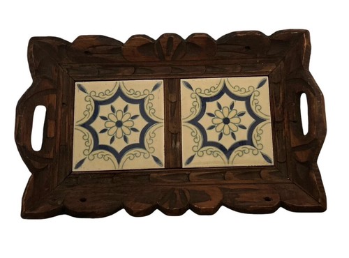 Vintage Wooden Frame & Tile Tray With Handles Mexico 13.5” X 8.25”