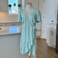 Draper James RSVP Teal Green Ivory Stripe Wrap Dress