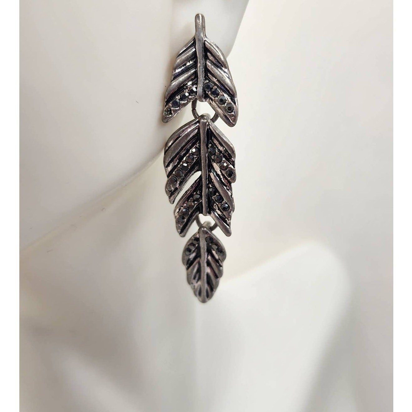 Silver Feather Rhinestone Dangle Earrings - image 1