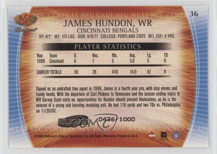 2000 Collector's Edge Masters Holo Silver /1000 James Hundon #36 - Image 2 of 2