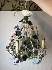 ANTIQUE ITALIAN TOLE CHANDELIER 4 ARMS CEILING LIGHT FLOWERS ITALY VINTAGE