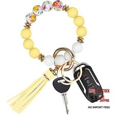 Key Ring Bracelet Car Keychain Holder Wristlet Silicone Beaded Bangle Yellow