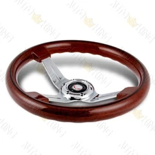 UNIVERSAL 14" CLASS DARK WOOD GRIP 6-HOLE CHROME 3-SPOKE STEERING WHEEL 350MM