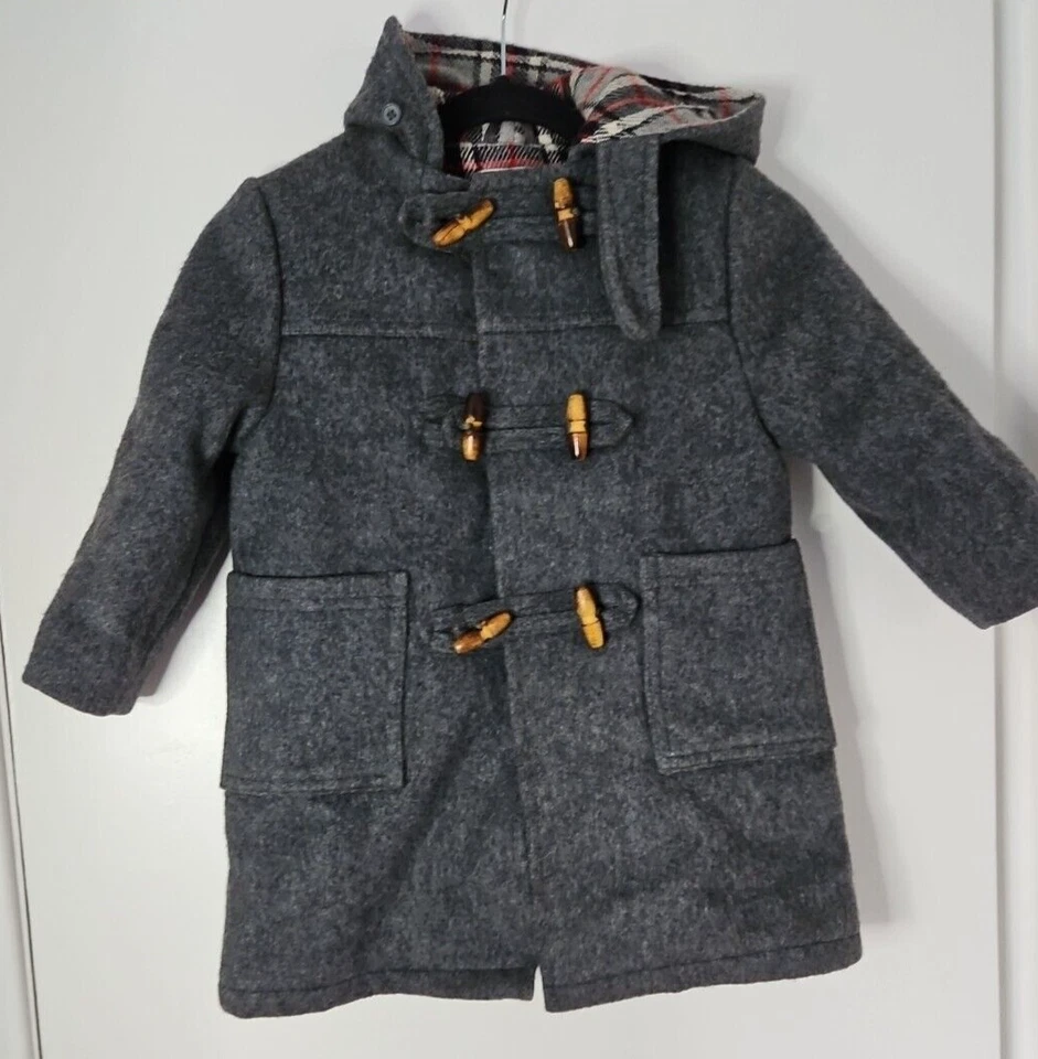 Children's Vintage Mothercare Grey Wool Blend Check Lined Duffle Coat 90's UK - Image 4 of 4