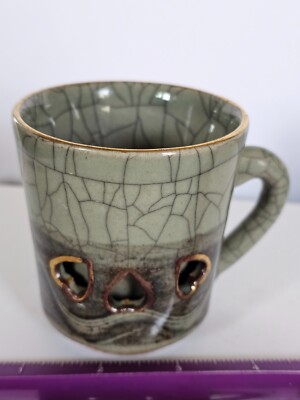 Vintage Somayaki Japan Sake Cup Tea Cup Double Wall Galloping Horse, Hearts
