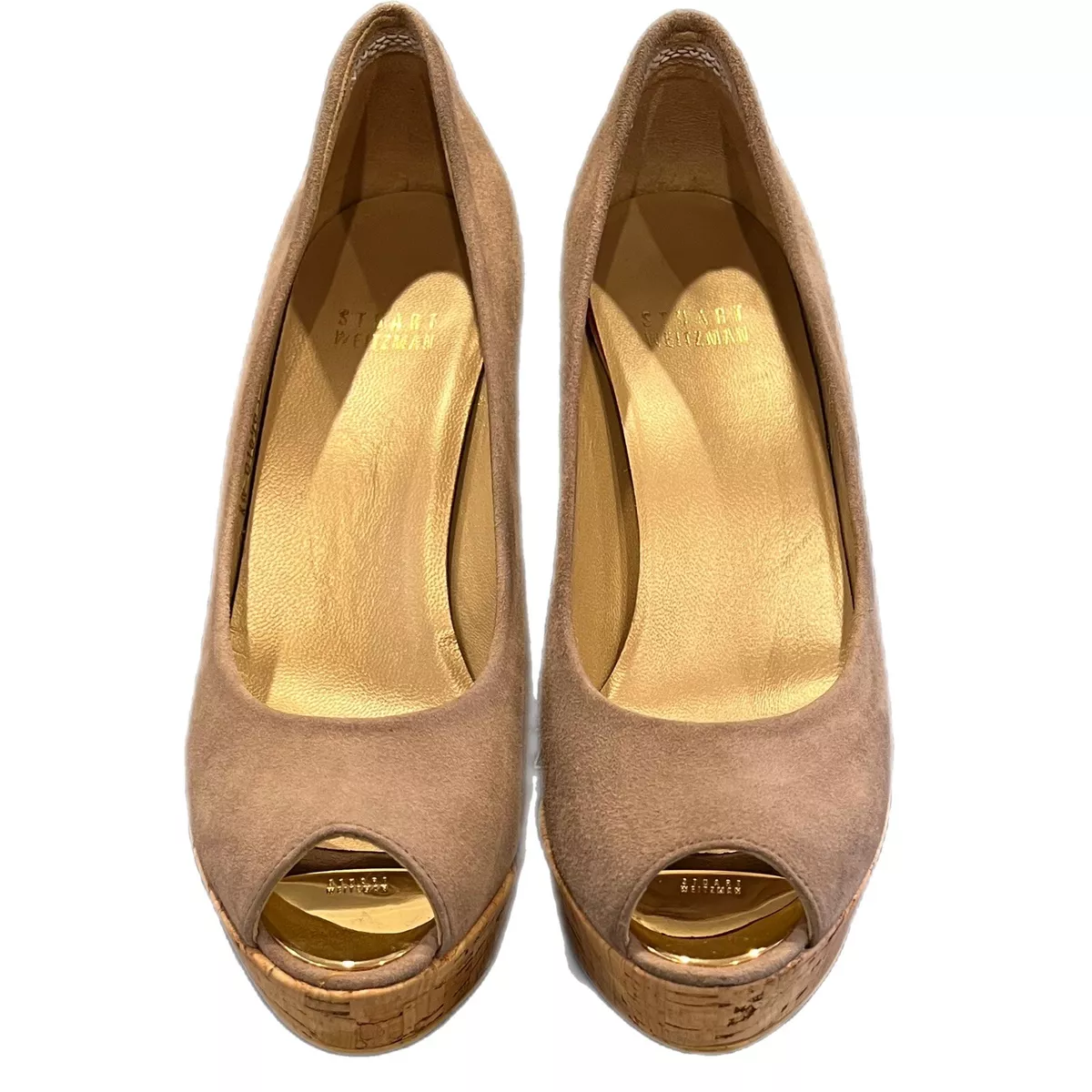 Stuart Weitzman Beige Suede Anna Cork Wedge Platform Peep Toe Pumps Size 6.5