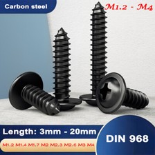 M1.2-M4 Black Flanged Head Self Tapping Screws, Phillips Flange Tappers, DIN 968