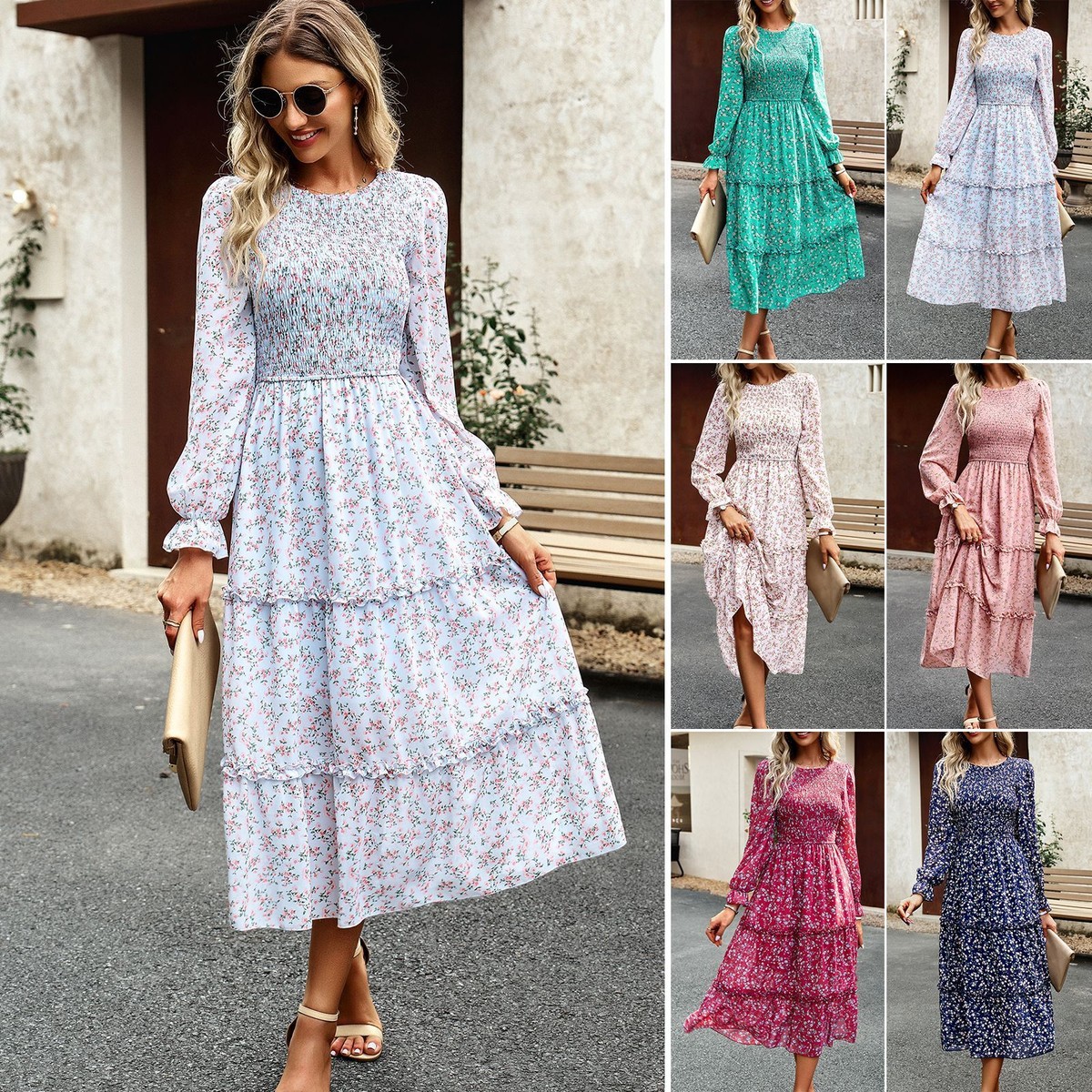 Hot Round Neck Print Long Sleeves Women's Casual Basic Long Dress for Party  New