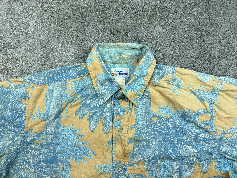 Camisa Hawaiana Reyn Spooner Grande Azul Amarillo Estampado de Palmeras Con Botones Para Hombres Foto 3 de 4