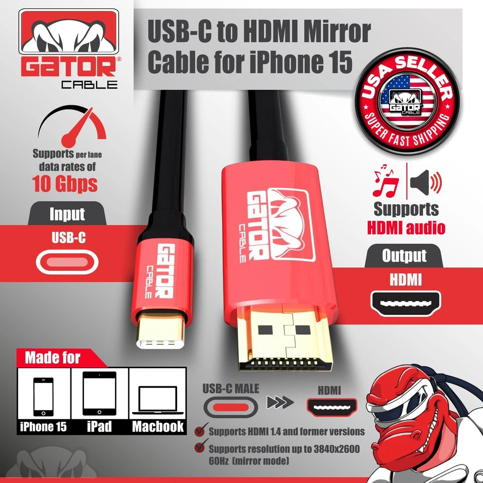 USB-C to HDMI Mirror Cable Adapter 4K HDR HDTV For iPhone 15 16 Pro Max Plus - Image 2 of 4