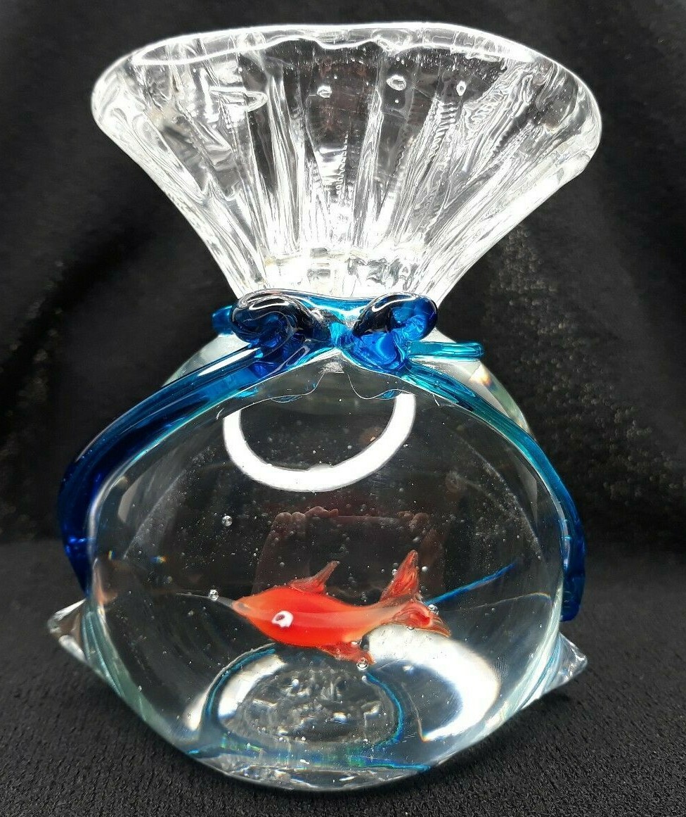 Murano Glass Fish In A Bag Studio Art Hand Blown Paperweight Goldfish Desk  Decor