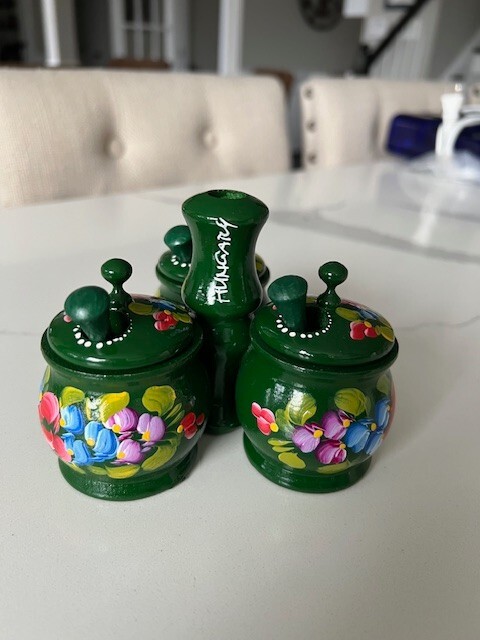 Toothpick Condiment Caddy Wooden Hand Painted Floral made in Hungary 3 Sections