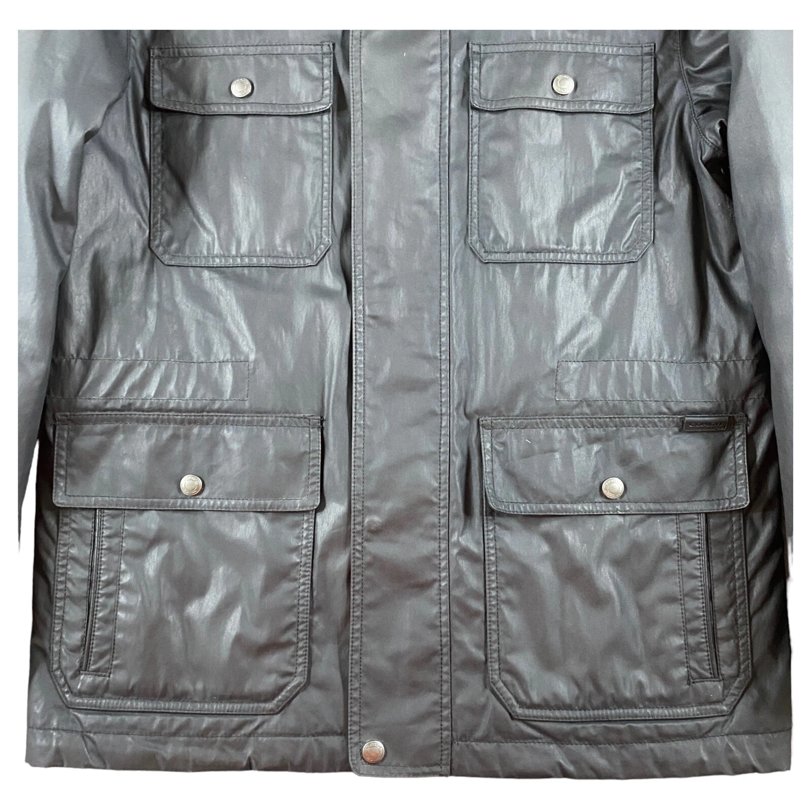 Giacca da campo COACH cotone cerato cappotto nero cappuccio biker zip snap uomo taglia media
