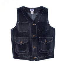 Mens Amekaji Wabash Striped Worker Waistcoat Retro V-Neck Sleeveless Denim Vest