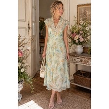Jodi Kristopher Mint Green Floral Chiffon Midi Dress Y2K Flutter Sleeve Size 7/8
