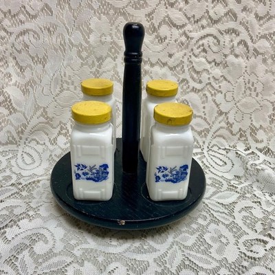Vintage, 4-pc Blue Willow Milk Glass Shaker Set with Wooden Stand