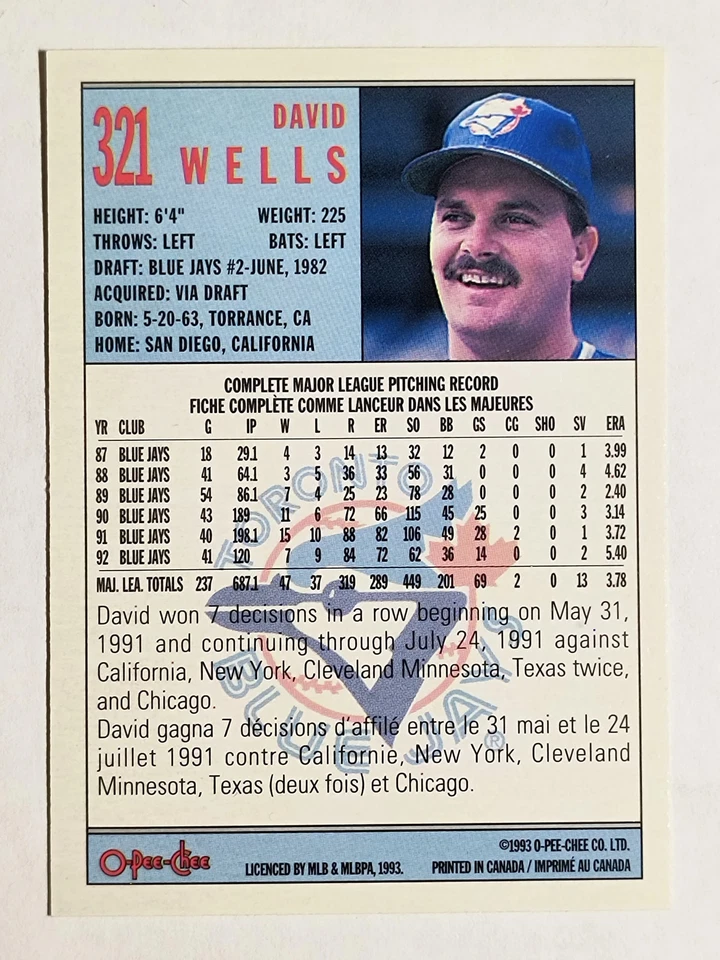 1993 O-Pee-Chee #321 David Wells - Image 2 of 2