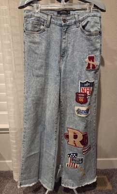 GJG Denim Jeans Pale Blue Patches Flare Raw Hem Wide Bell Bottoms Size 13/32.5 L