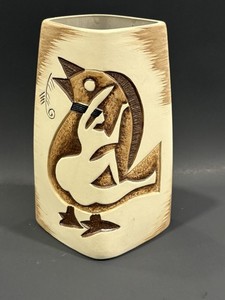 Mid Century Modern Vase Embossed Bird/Fish Motif Art Pottery Matte Glaze 9x6