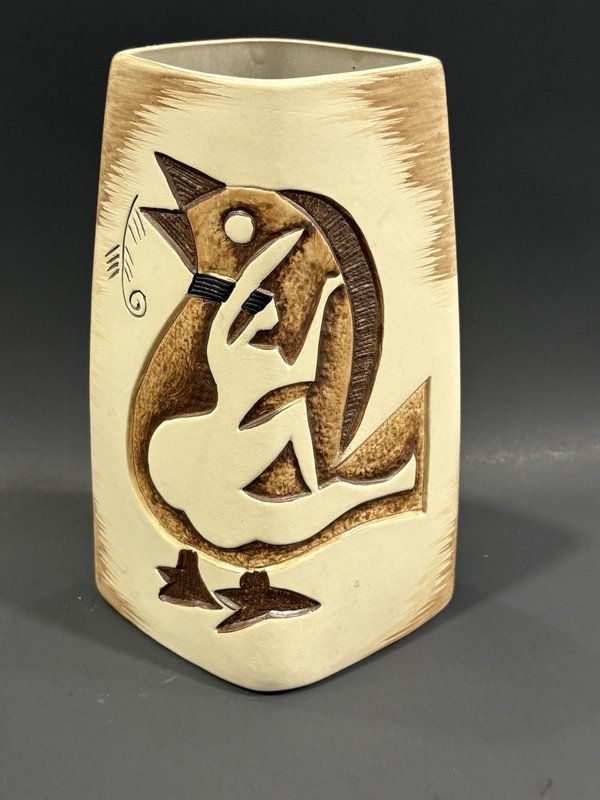 Mid Century Modern Vase Embossed Bird/Fish Motif Art Pottery Matte Glaze 9x6