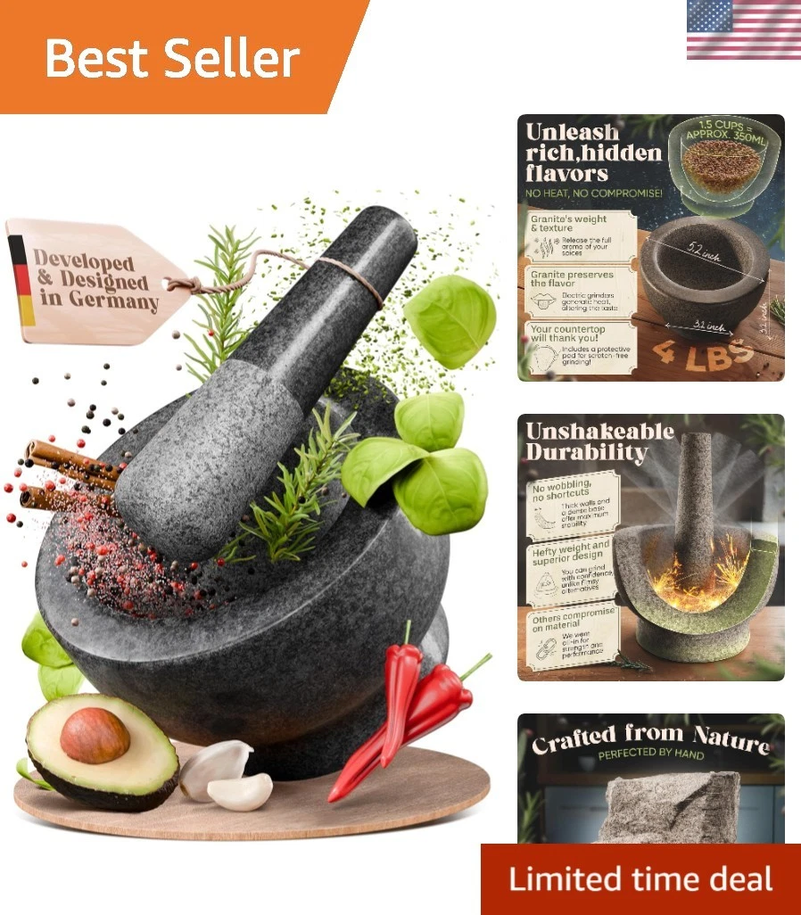 Elegant 1.5 Cup Black Polished Granite Mortar and Pestle Set for Flavor Mastery