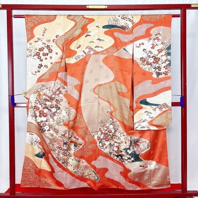 Japanischer Kimono 'FURISODE' Seide/Gold/Blume/Shibori/Luxus/Länge:155cm N0701