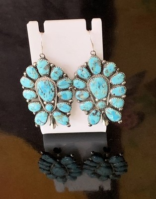 LARGE NATIVE AMERICAN TURQUOISE STERLING SILVER CLUSTER SQUASH BLOSSOM EARRINGS