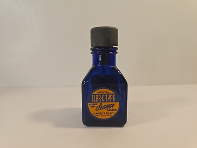 Vintage Blue Cobalt Clar-O-Type Small Bottle With Wooden Stopper & Label